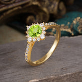 Round Cut Vintage Cluster Peridot Gemstone Ring Flower Engagement Ring